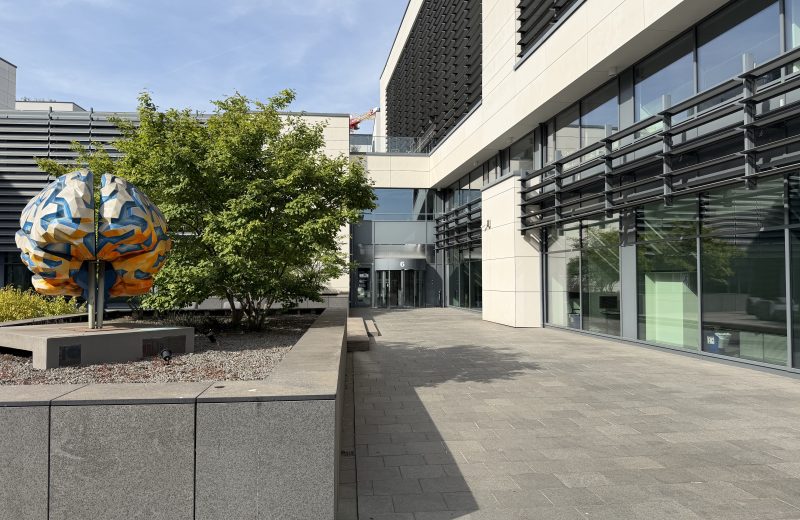 The Biotech 2 building in Belval, with a sculpture on the forecourt