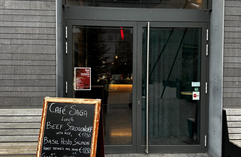 The Café Saga entrance in Belval, with a chalkboard menu outside