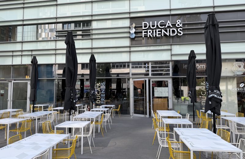 The Duca & Friends terrace in Belval, with parasols set out in front