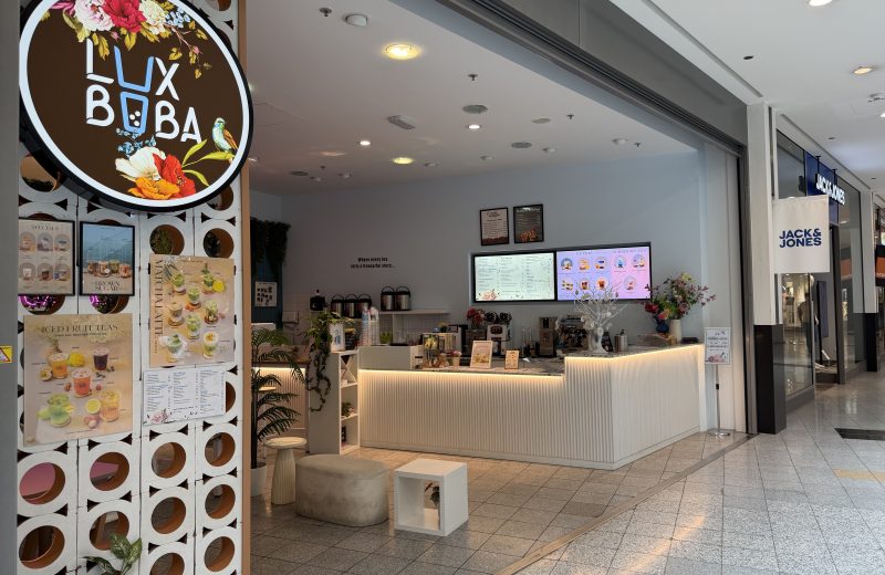 The LuxBoba counter in Belval Plaza, under its round logo