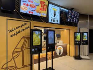 The Maestri della Pasta counter in Belval Plaza, with order screens at the front