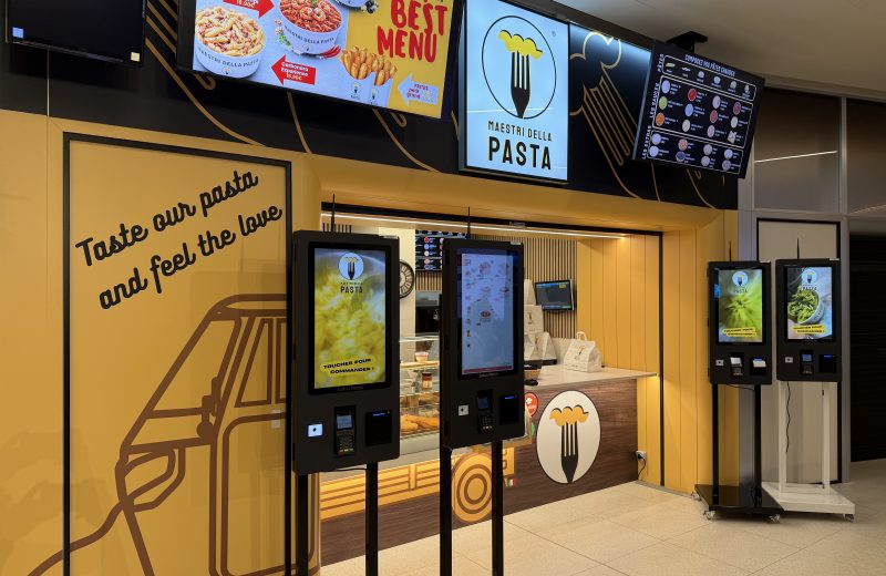 The Maestri della Pasta counter in Belval Plaza, with order screens at the front