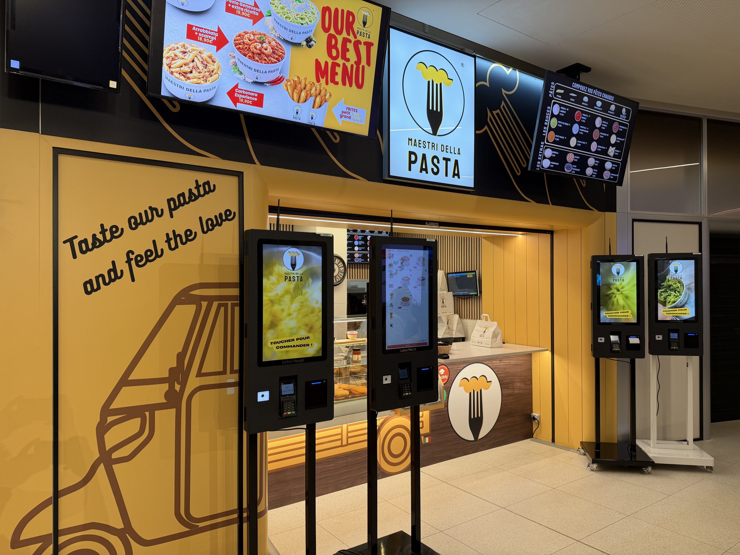 The Maestri della Pasta counter in Belval Plaza, with order screens at the front