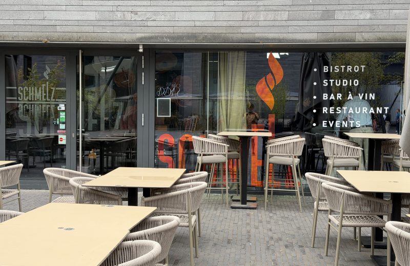 The Schmelz terrace in Belval, with tables set out in front of the entrance