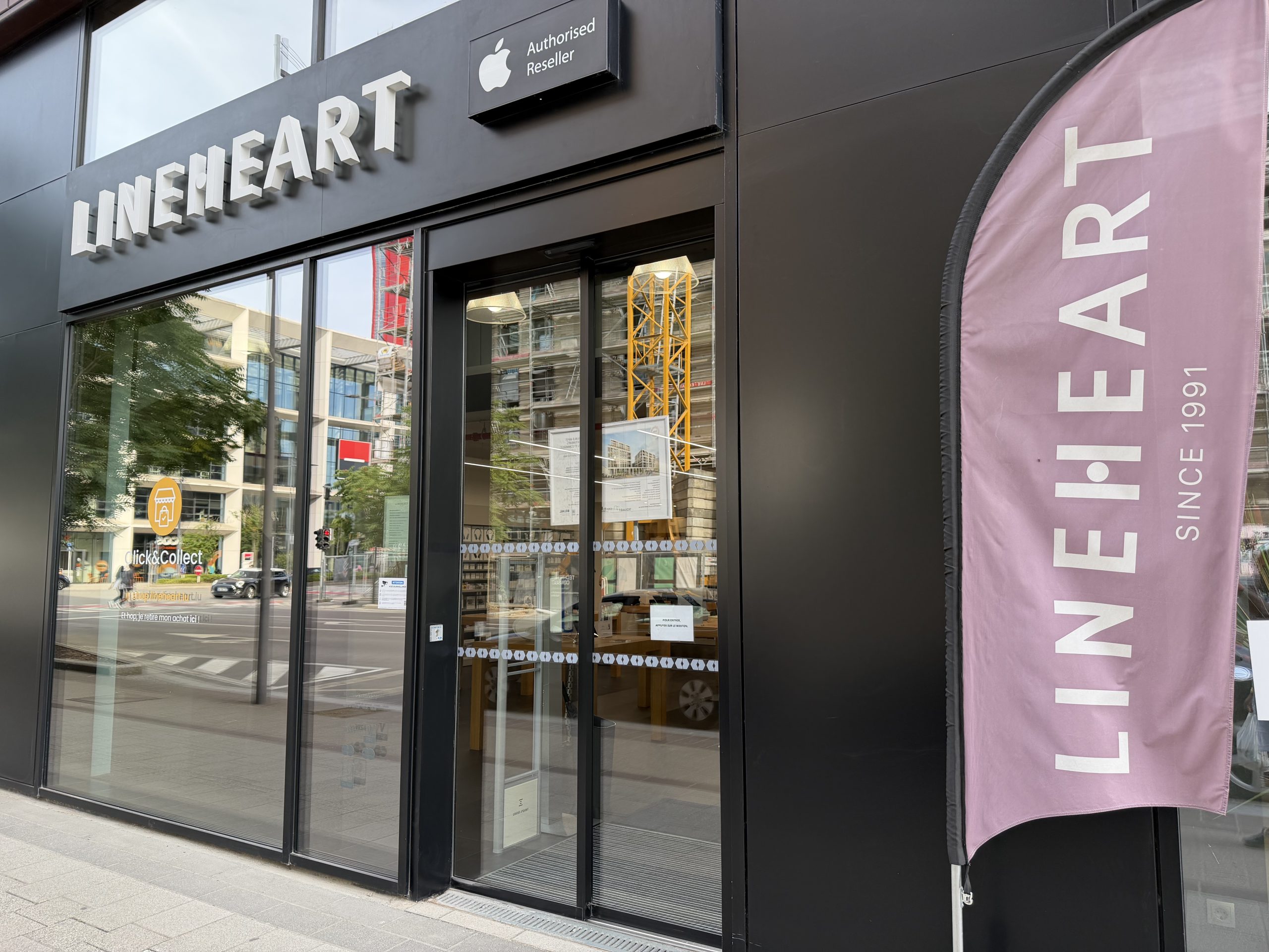 The Lineheart shopfront in Belval, with its pink banner outside