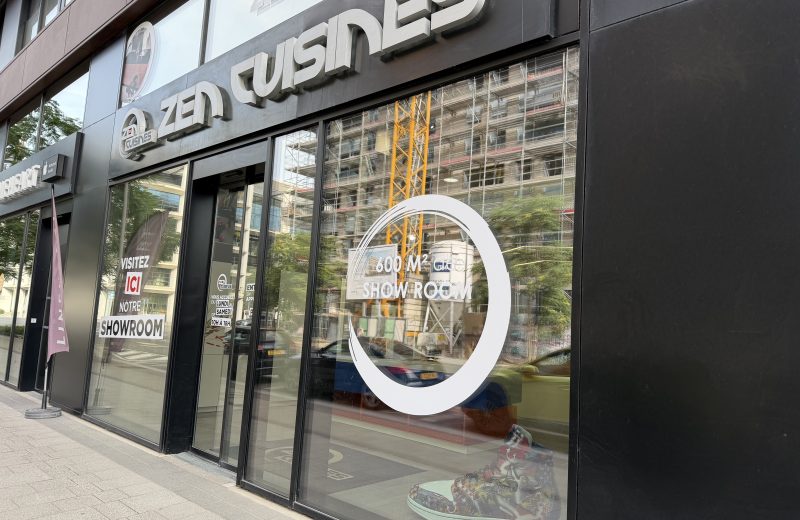 The Zen Cuisines showroom on boulevard du Jazz in Belval, with the shop name above the window and a 600 m² showroom decal on the glass.