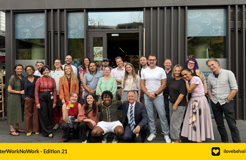 Guests gathered outside MyCaffé in Belval for the 21st #AfterWorkNoWork, with Aswin Lutchanah crouching at the front.