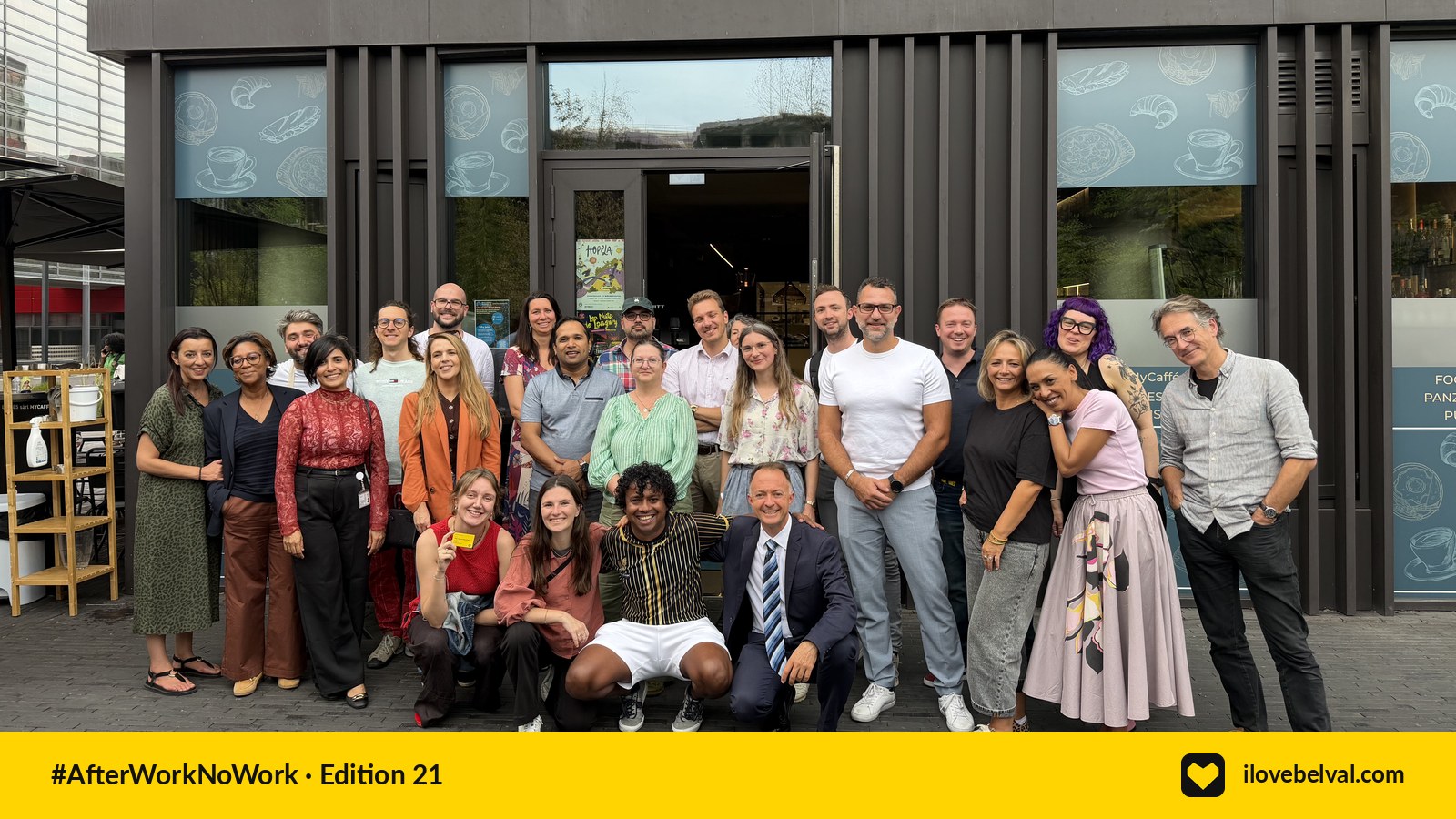Guests gathered outside MyCaffé in Belval for the 21st #AfterWorkNoWork, with Aswin Lutchanah crouching at the front.