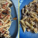Two plates at Nonna Nenetta 2.0 in Belval: spaghetti with fresh mussels and cherry tomatoes, and penne with a beef and pork ragù.