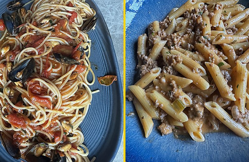 Two plates at Nonna Nenetta 2.0 in Belval: spaghetti with fresh mussels and cherry tomatoes, and penne with a beef and pork ragù.