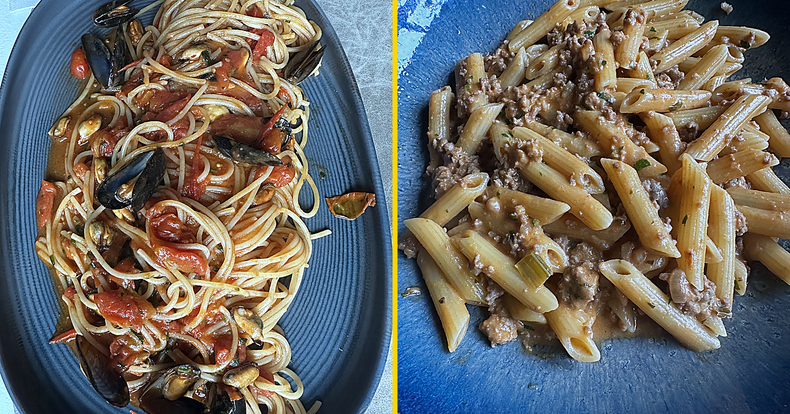 Two plates at Nonna Nenetta 2.0 in Belval: spaghetti with fresh mussels and cherry tomatoes, and penne with a beef and pork ragù.