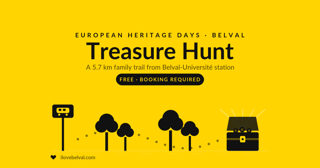 The Alzette Belval Treasure Hunt from Belval-Université station: a dotted trail from a station sign through trees to an open treasure chest