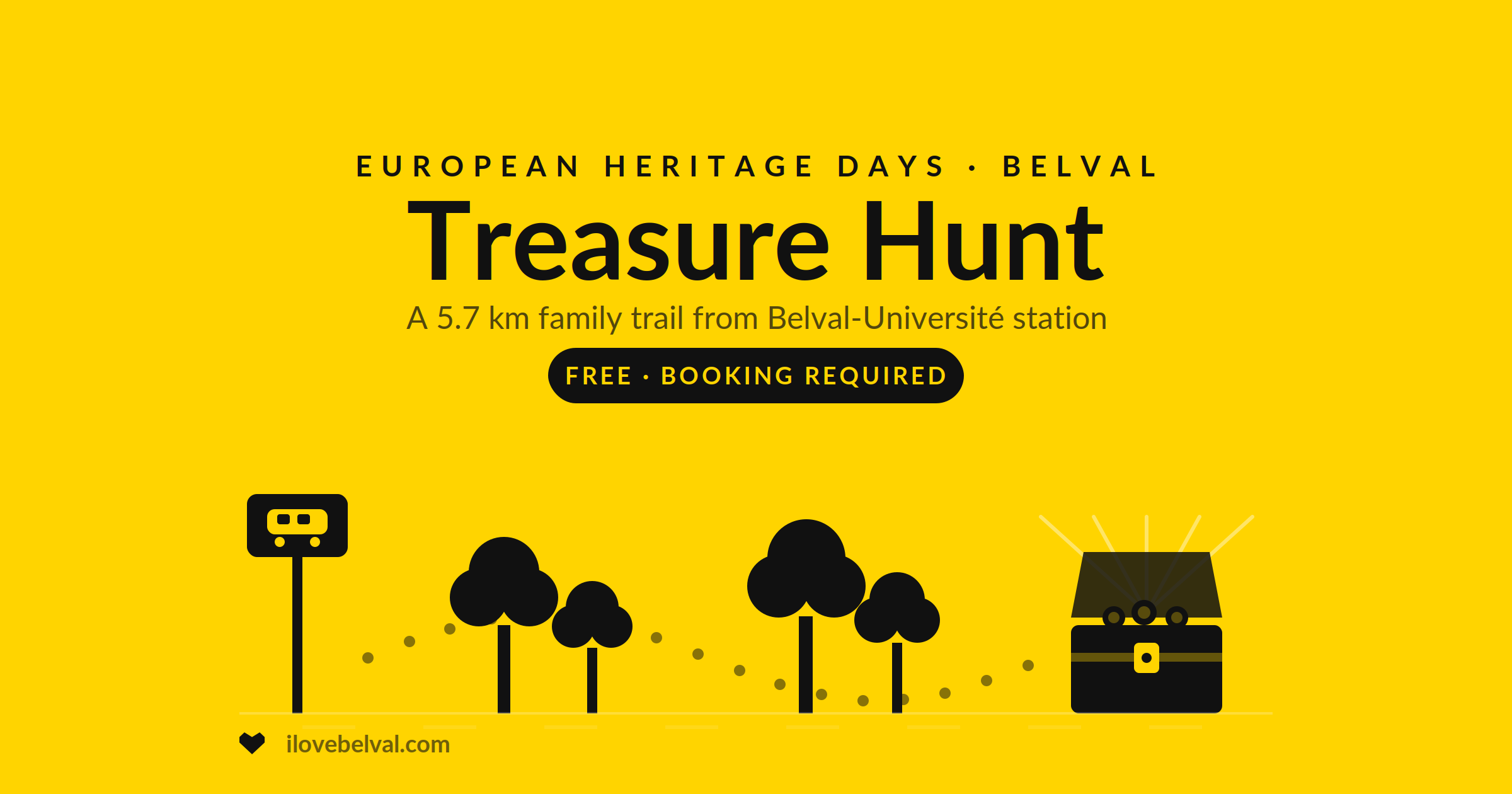 The Alzette Belval Treasure Hunt from Belval-Université station: a dotted trail from a station sign through trees to an open treasure chest