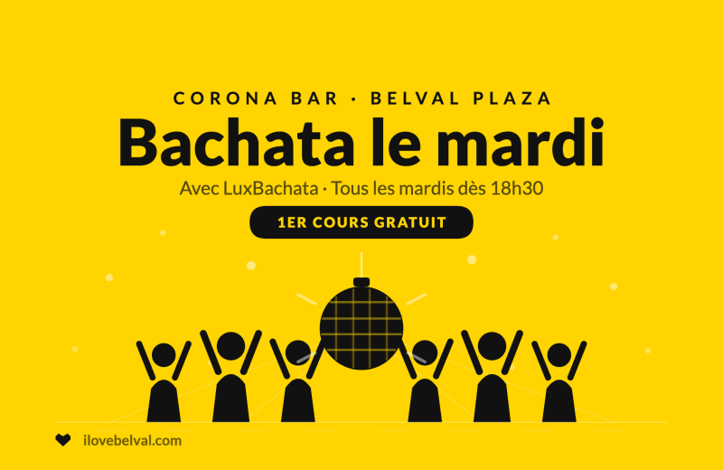 Bachata le mardi avec LuxBachata au Corona Bar, Belval Plaza : illustration jaune de danseurs sous une boule à facettes