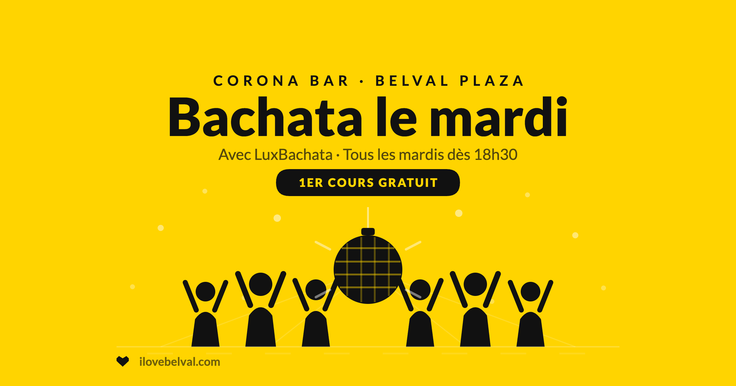 Bachata le mardi avec LuxBachata au Corona Bar, Belval Plaza : illustration jaune de danseurs sous une boule à facettes