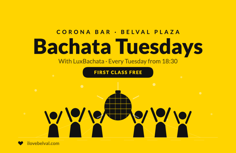 Bachata Tuesdays with LuxBachata at Corona Bar, Belval Plaza: yellow illustration of dancers under a mirror ball