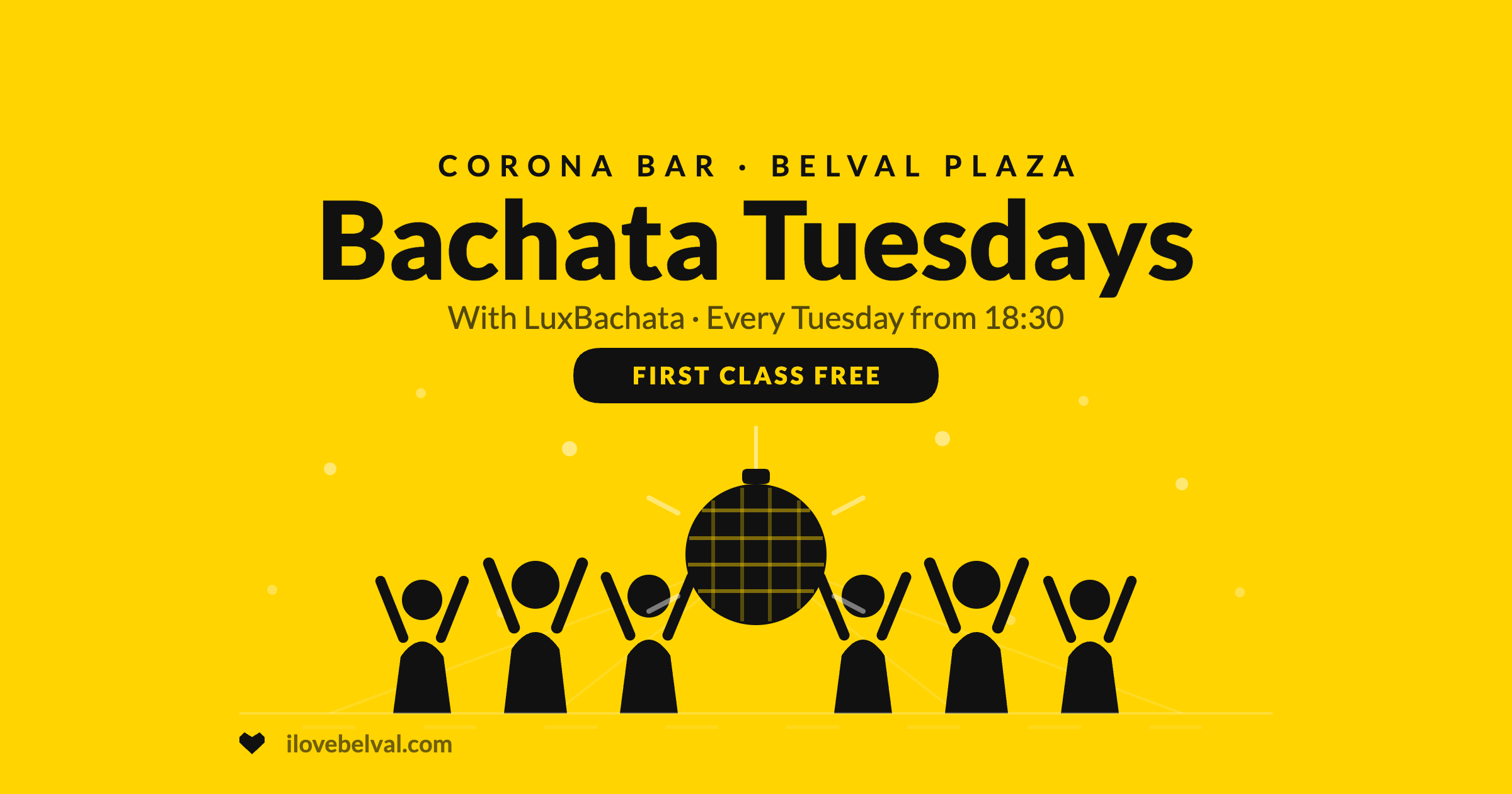 Bachata Tuesdays with LuxBachata at Corona Bar, Belval Plaza: yellow illustration of dancers under a mirror ball