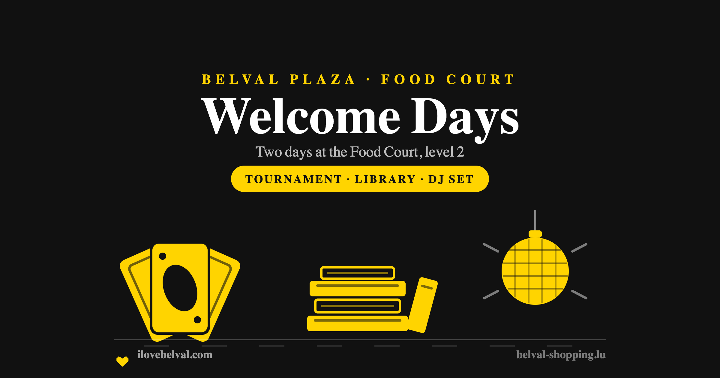 Welcome Days at Belval Plaza: a fan of cards, a stack of books and a mirror ball in the I Love Belval house style