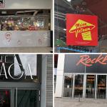 Four Belval shopfronts in a grid: Delhaize inside Belval Plaza, the red Moien Vietnam sign, the Café Saga entrance under the blast furnace, and the RockhalCafé frontage reading Where Music Meets Food.
