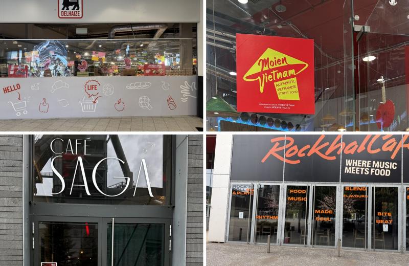Four Belval shopfronts in a grid: Delhaize inside Belval Plaza, the red Moien Vietnam sign, the Café Saga entrance under the blast furnace, and the RockhalCafé frontage reading Where Music Meets Food.