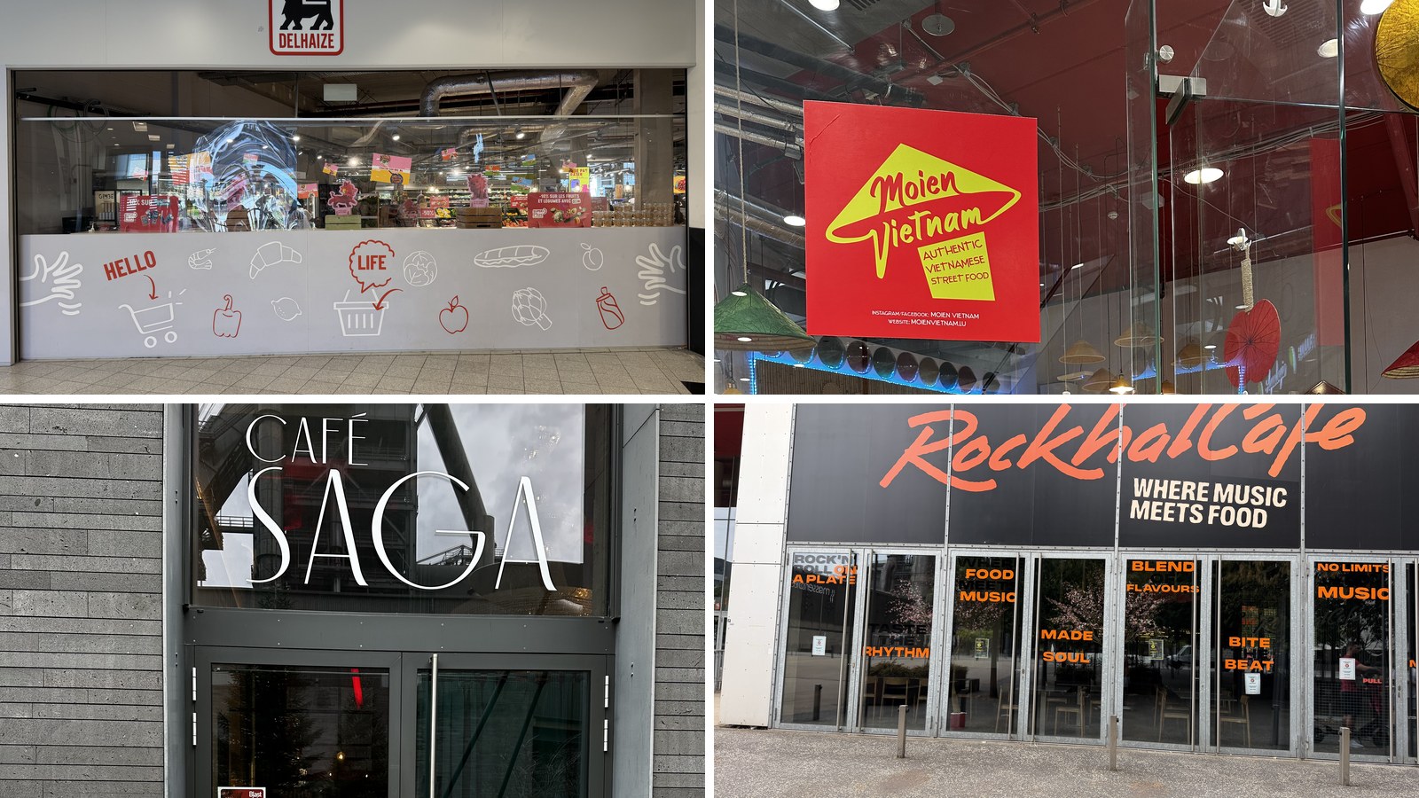 Four Belval shopfronts in a grid: Delhaize inside Belval Plaza, the red Moien Vietnam sign, the Café Saga entrance under the blast furnace, and the RockhalCafé frontage reading Where Music Meets Food.