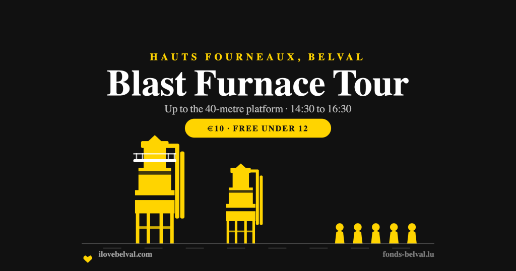 Two yellow blast furnace towers with a viewing platform and a small tour group, on a black background, headed Blast Furnace Tour