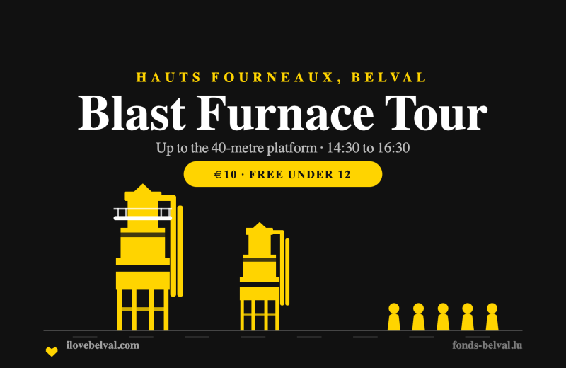 Two yellow blast furnace towers with a viewing platform and a small tour group, on a black background, headed Blast Furnace Tour