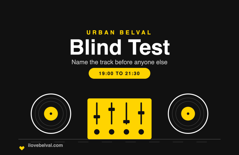 Black I Love Belval graphic headed URBAN BELVAL, then Blind Test in white, Name the track before anyone else, and a yellow badge reading 19:00 to 21:30. Below, two turntables and a mixer in yellow and black. ilovebelval.com at the foot.