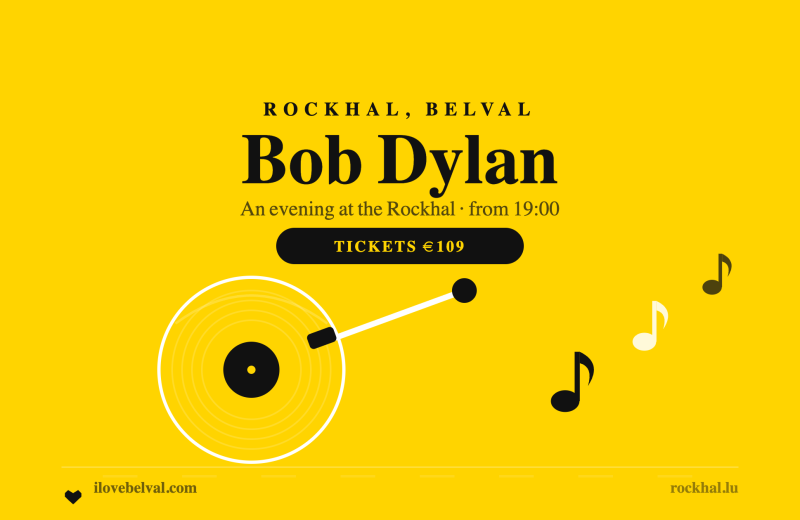 A black vinyl record with a tonearm and rising music notes on yellow, headed Bob Dylan