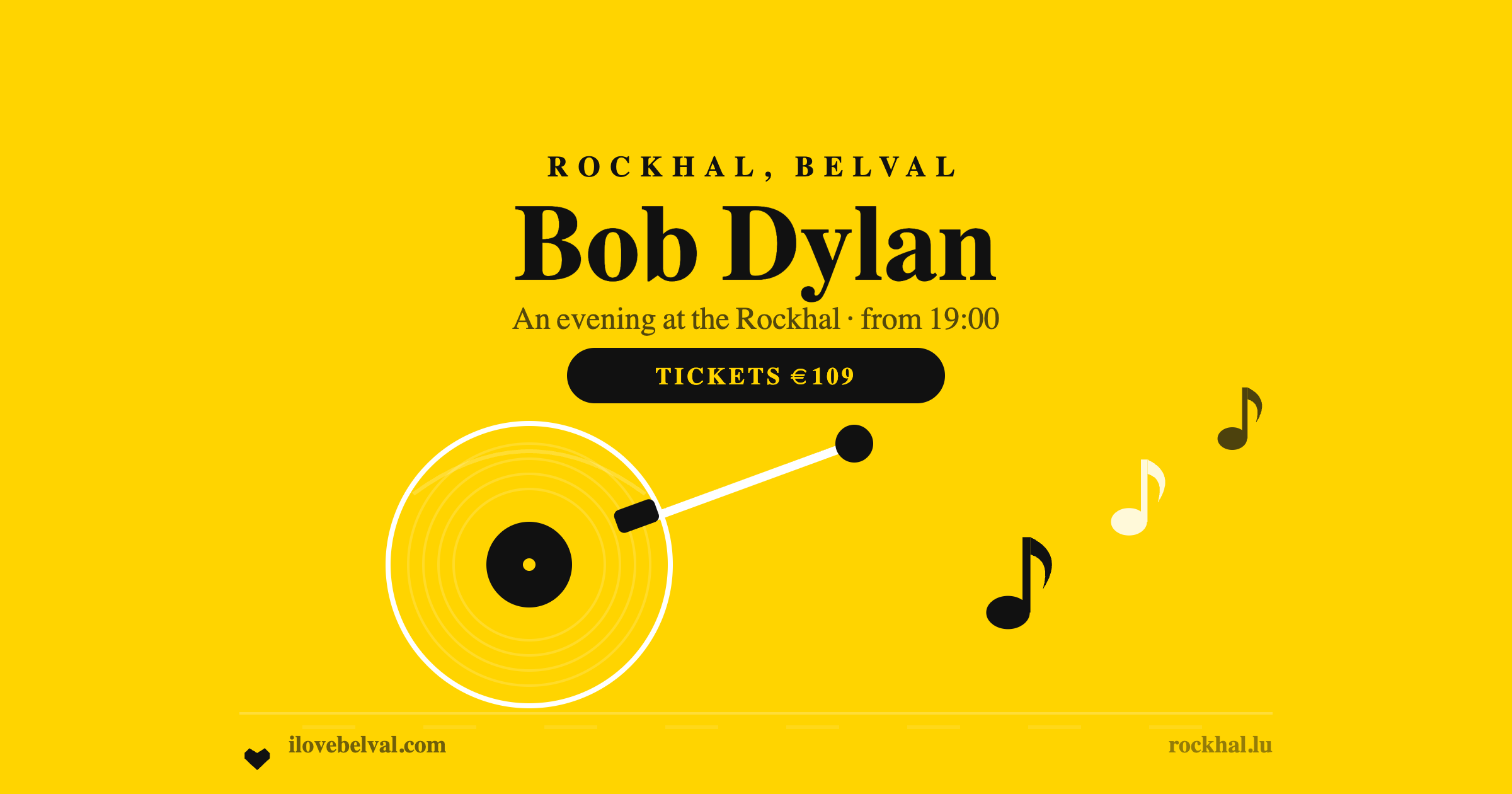 A black vinyl record with a tonearm and rising music notes on yellow, headed Bob Dylan