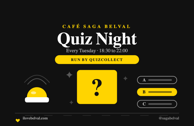 A yellow quiz card with a question mark, a buzzer and three answer bars, on black, headed Quiz Night