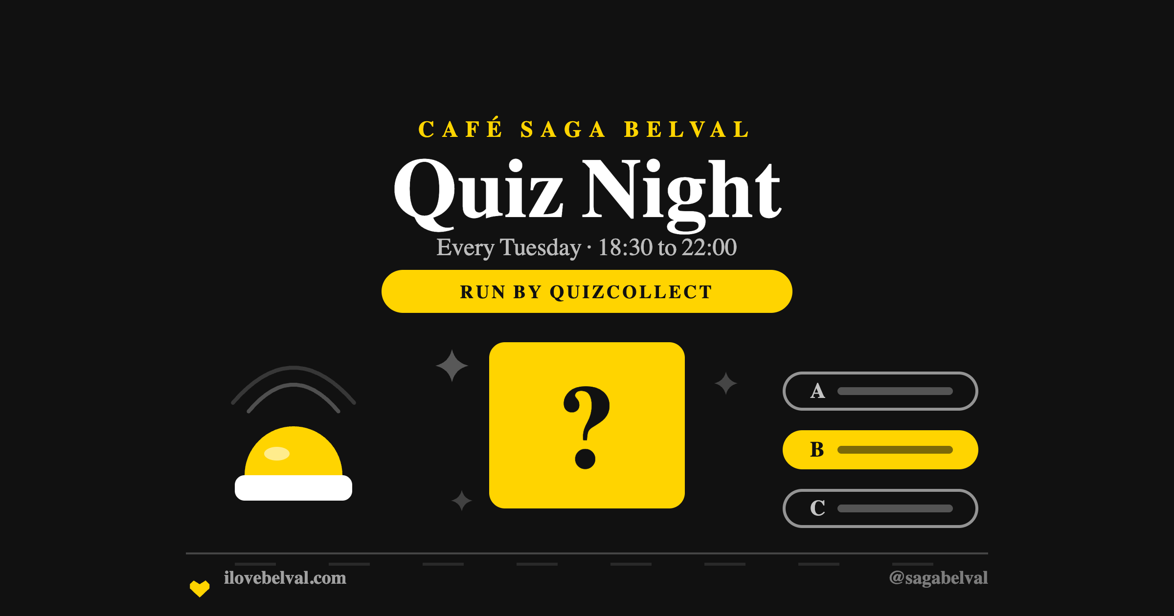 A yellow quiz card with a question mark, a buzzer and three answer bars, on black, headed Quiz Night