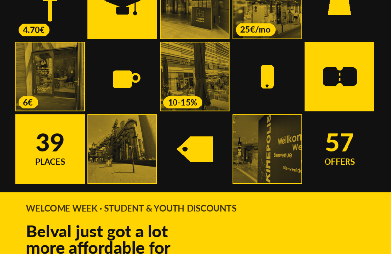 A yellow-and-ink grid of Belval shopfronts and flat icons: heart, percent, a graduation cap, a price tag, fork, coffee cup, bag, phone, ticket, with price badges reading -20%, 38.50€, 4.70€, 25€/mo, 6€ and 10-15%, two stat tiles reading 39 PLACES and 57 OFFERS, and the words Belval just got a lot more affordable for students.