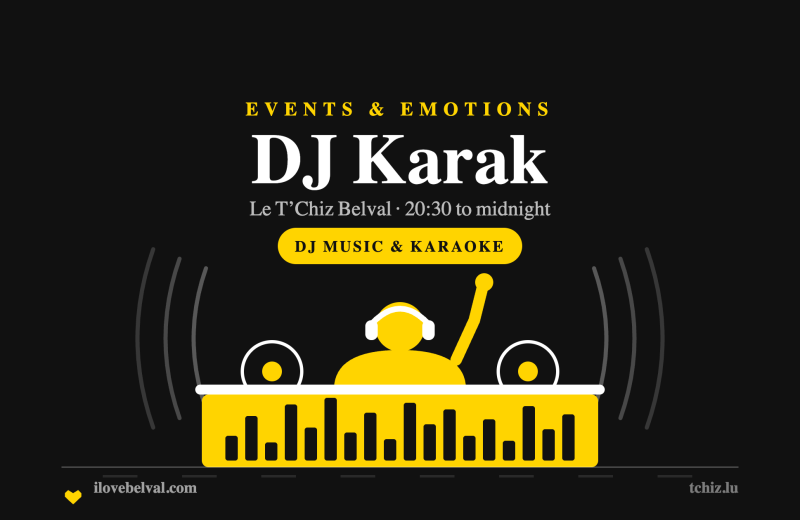 A yellow DJ silhouette in headphones behind decks and an equaliser panel on black, headed DJ Karak
