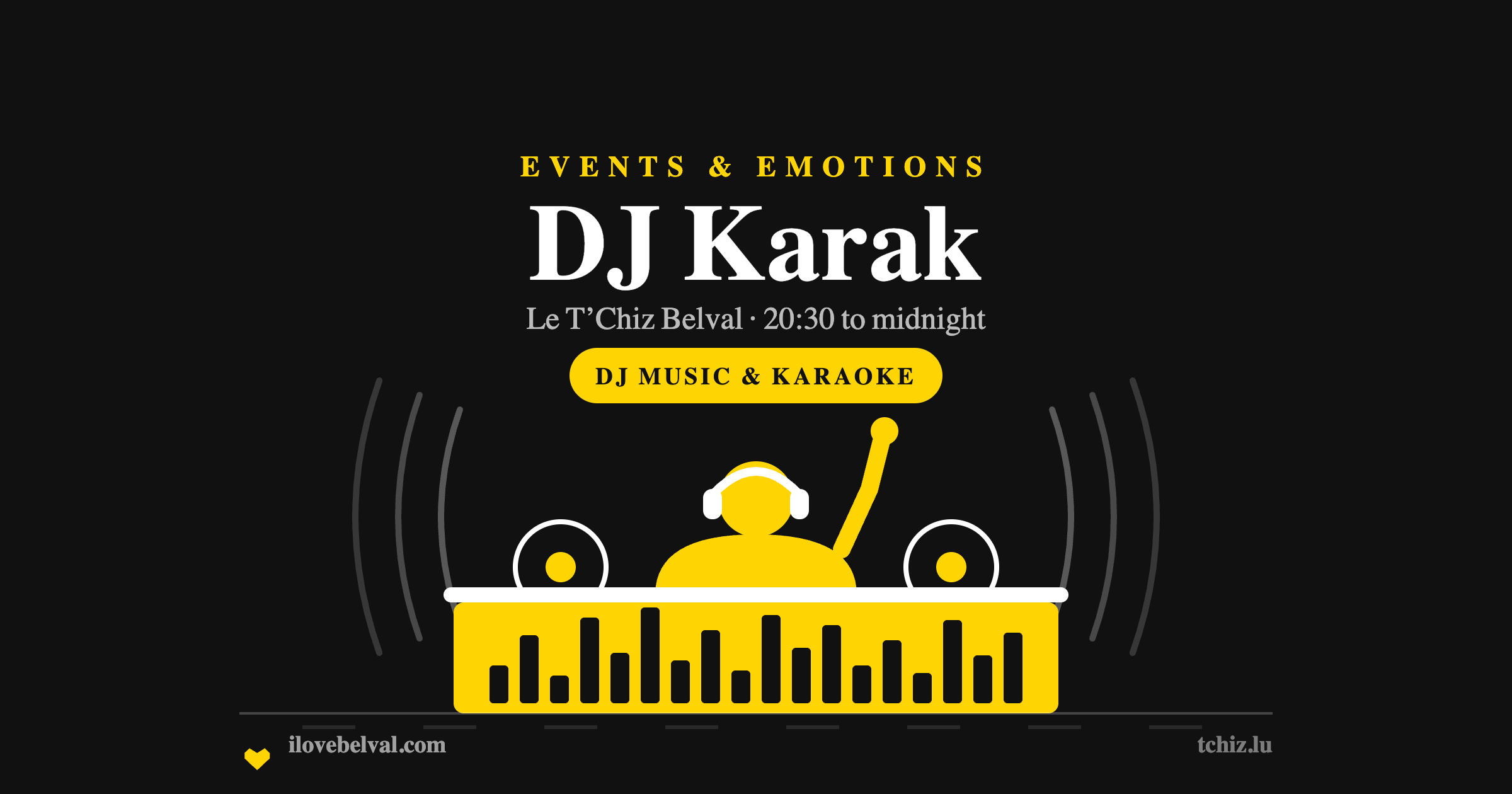 A yellow DJ silhouette in headphones behind decks and an equaliser panel on black, headed DJ Karak