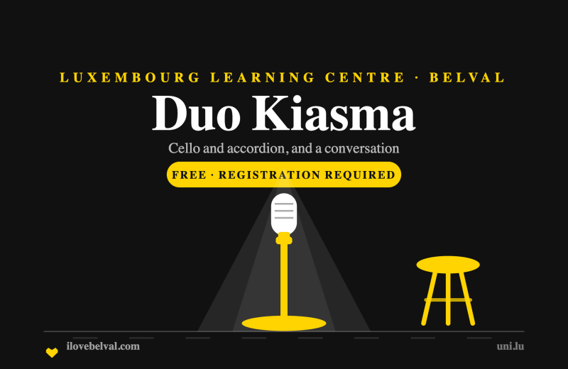 Duo Kiasma at the Luxembourg Learning Centre in Belval: a microphone in a spotlight with a stool, in the I Love Belval house style