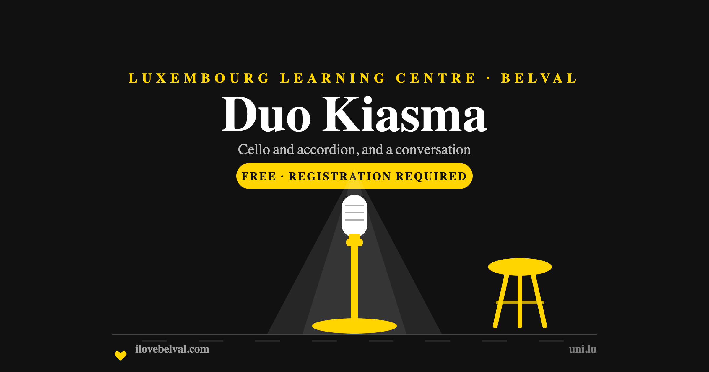 Duo Kiasma at the Luxembourg Learning Centre in Belval: a microphone in a spotlight with a stool, in the I Love Belval house style
