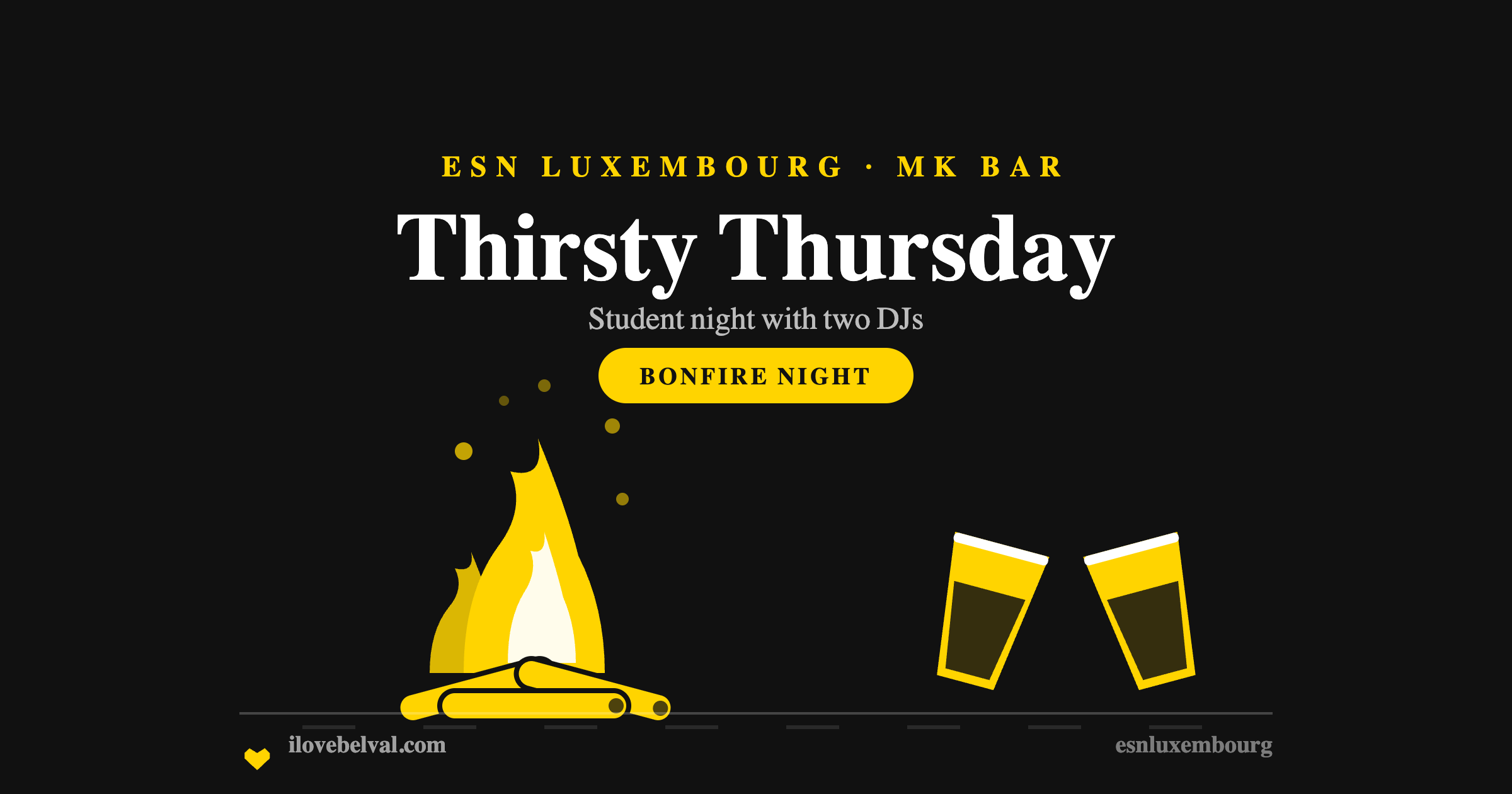 Thirsty Thursday bonfire night at MK Bar Belval: a fire on logs and two raised glasses in the I Love Belval house style