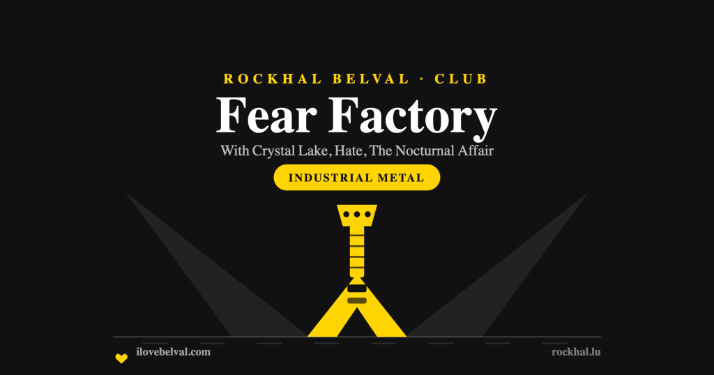 Fear Factory at Rockhal Belval: a flying V guitar under stage beams in the I Love Belval house style