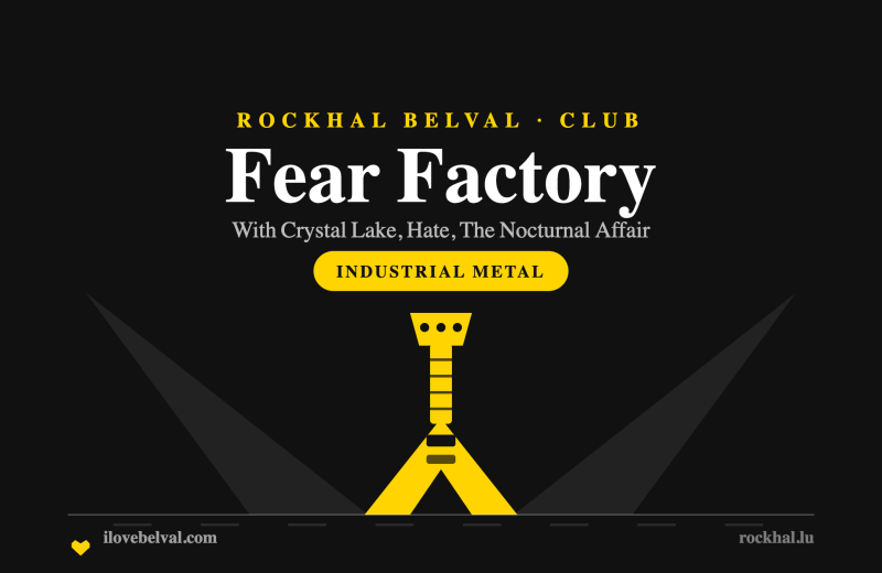 Fear Factory at Rockhal Belval: a flying V guitar under stage beams in the I Love Belval house style