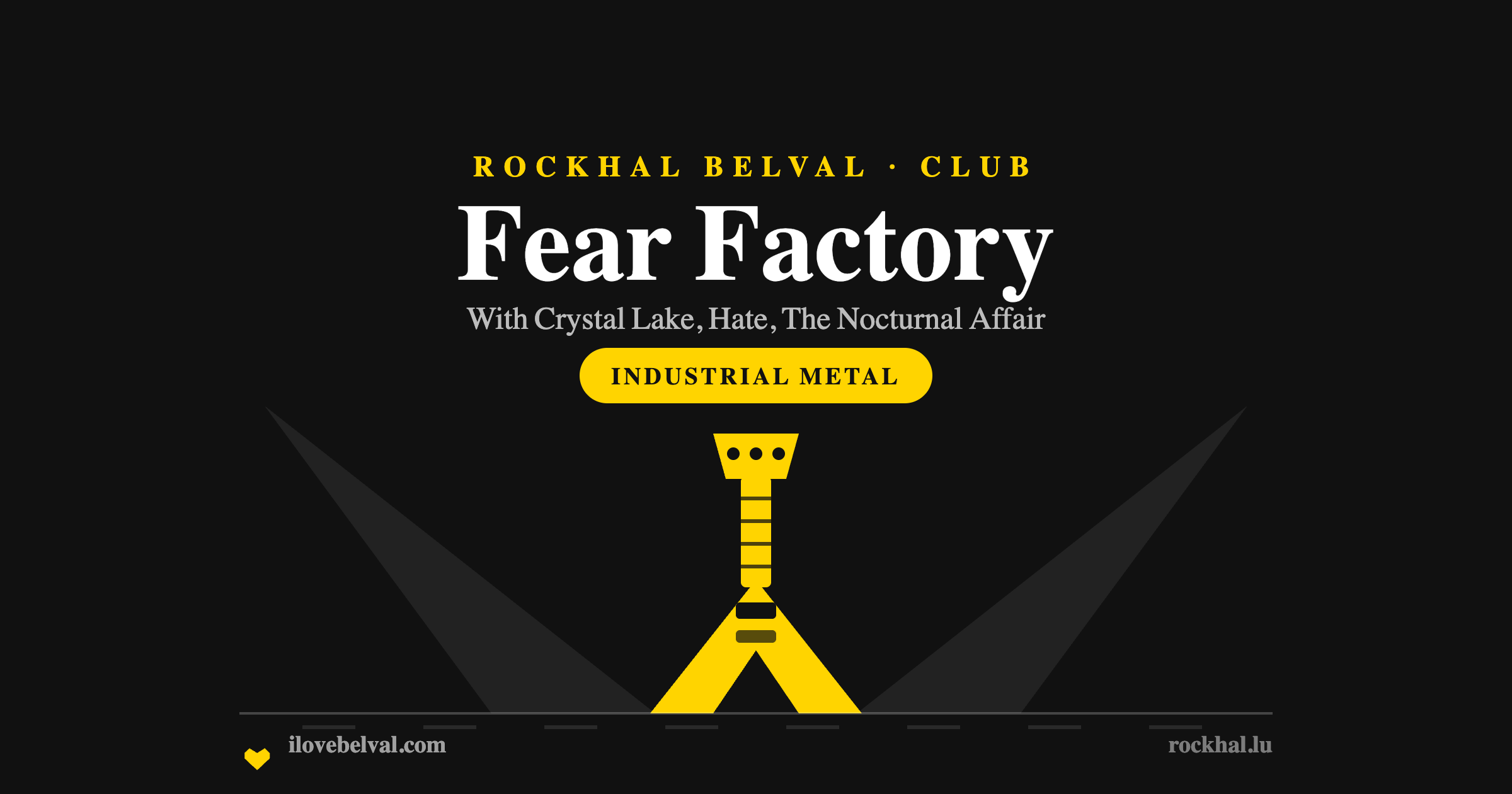 Fear Factory at Rockhal Belval: a flying V guitar under stage beams in the I Love Belval house style
