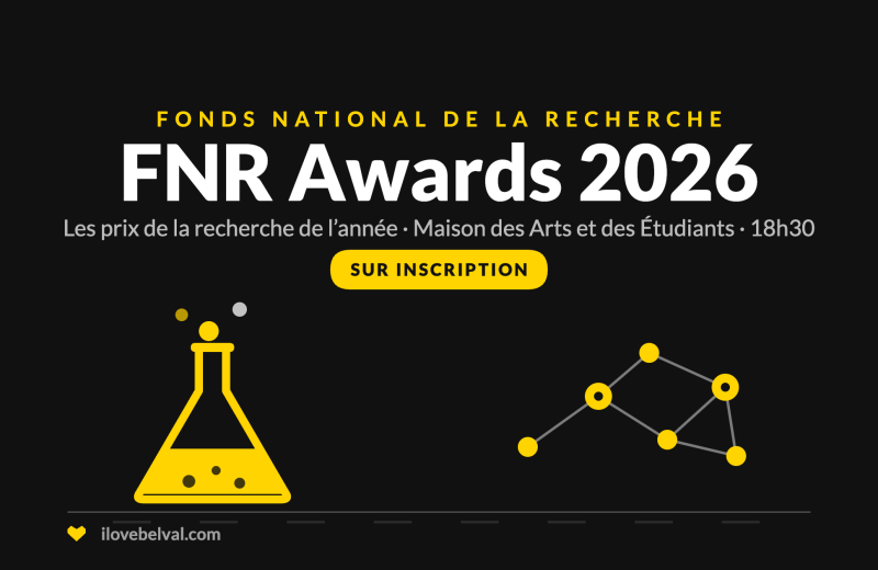 FNR Awards 2026 à la Maison des Arts et des Étudiants, Belval. Une fiole et un réseau de points.