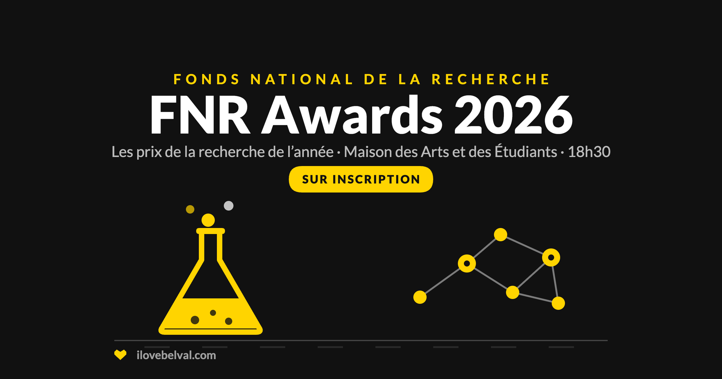 FNR Awards 2026 à la Maison des Arts et des Étudiants, Belval. Une fiole et un réseau de points.