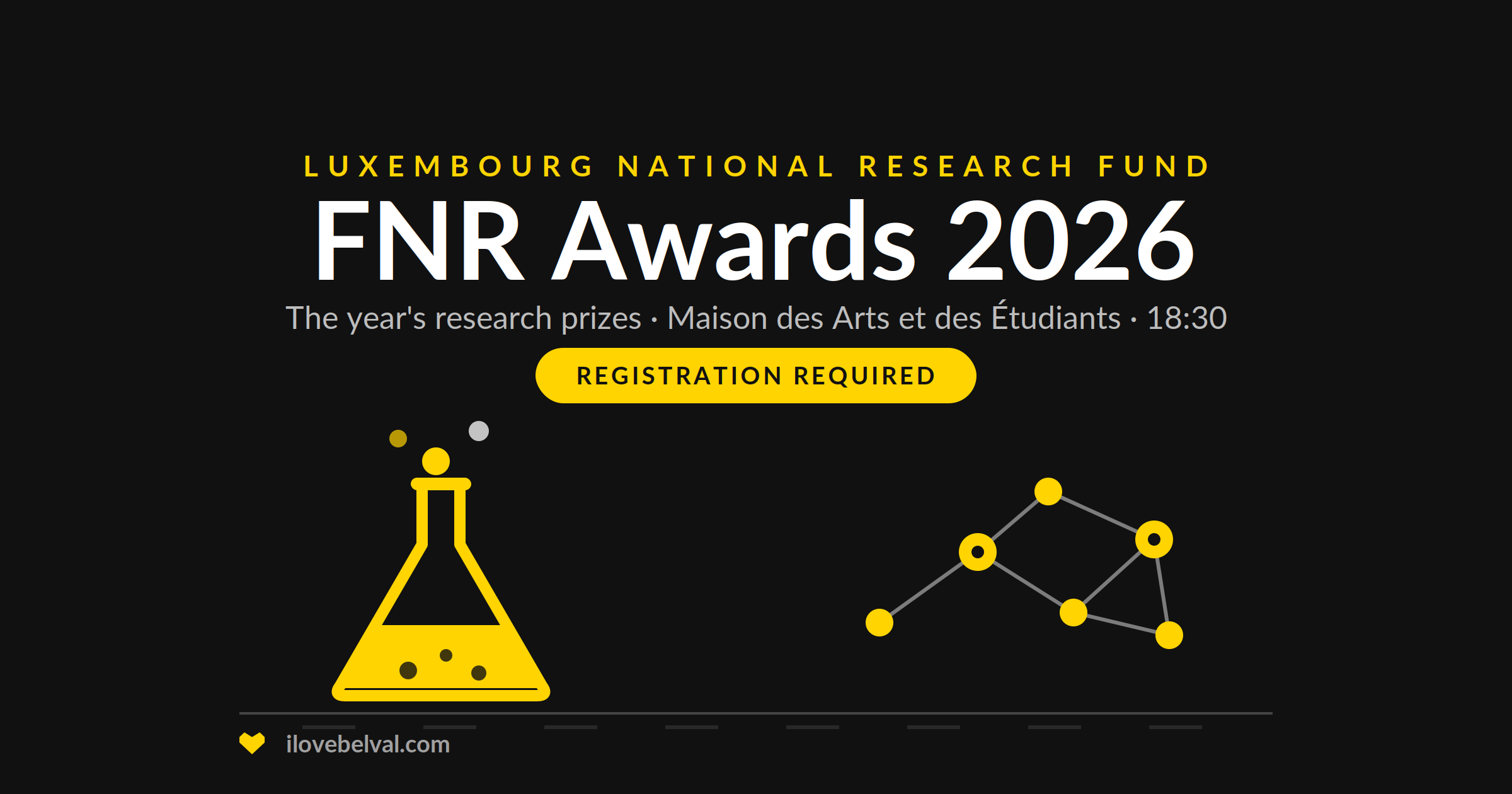 FNR Awards 2026 at the Maison des Arts et des Étudiants, Belval. A conical flask and a network of nodes.