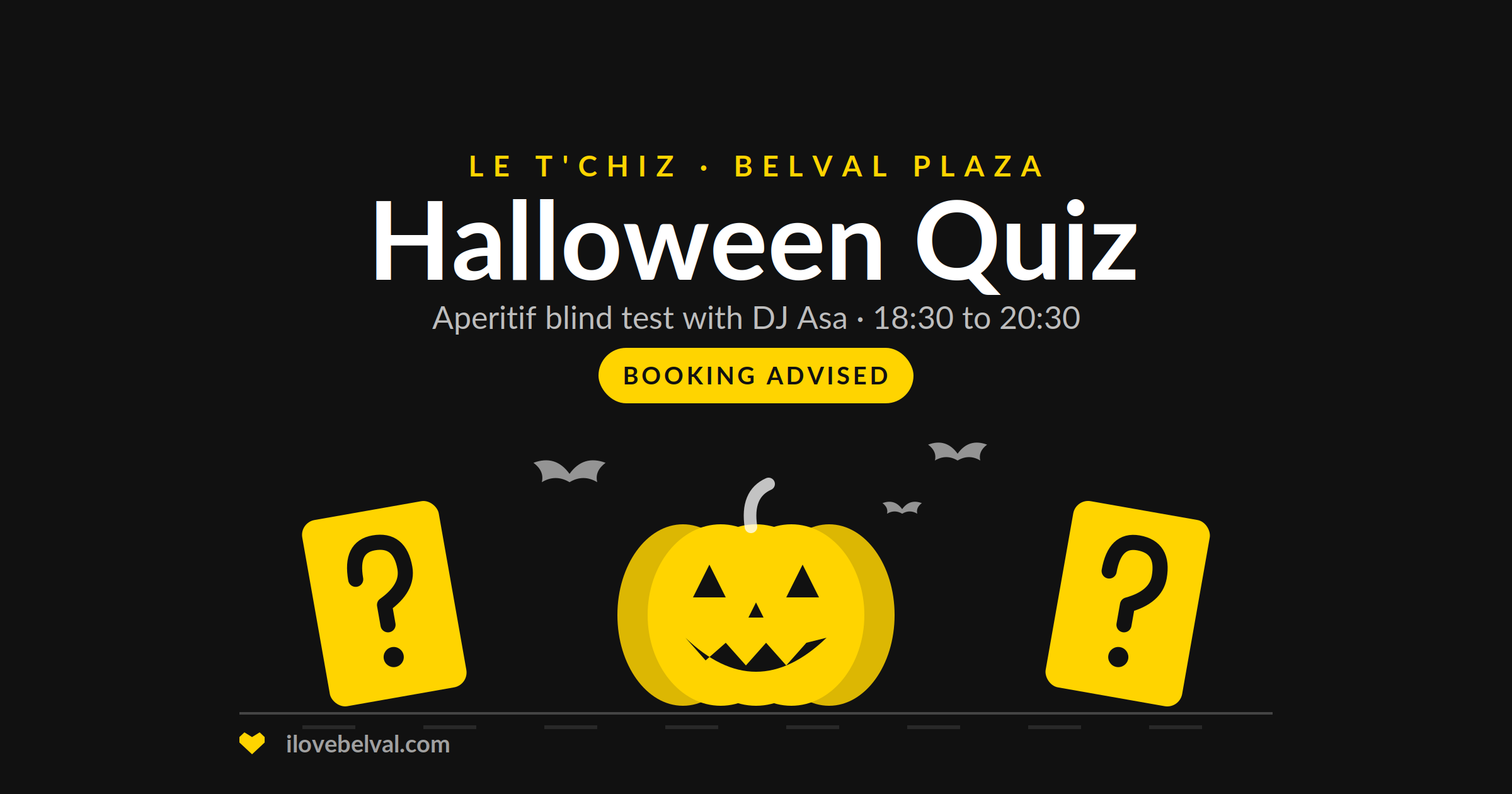 Halloween Quiz at Le T'Chiz, Belval Plaza: a carved pumpkin between two question-mark cards