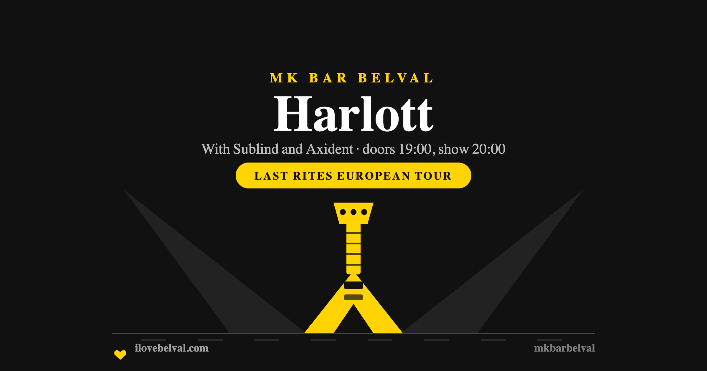 A yellow flying V guitar between two stage beams on black, headed Harlott