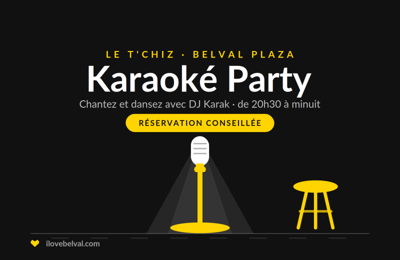 Karaoké Party avec DJ Karak au T'Chiz, Belval Plaza : un micro sous un projecteur et un tabouret de bar