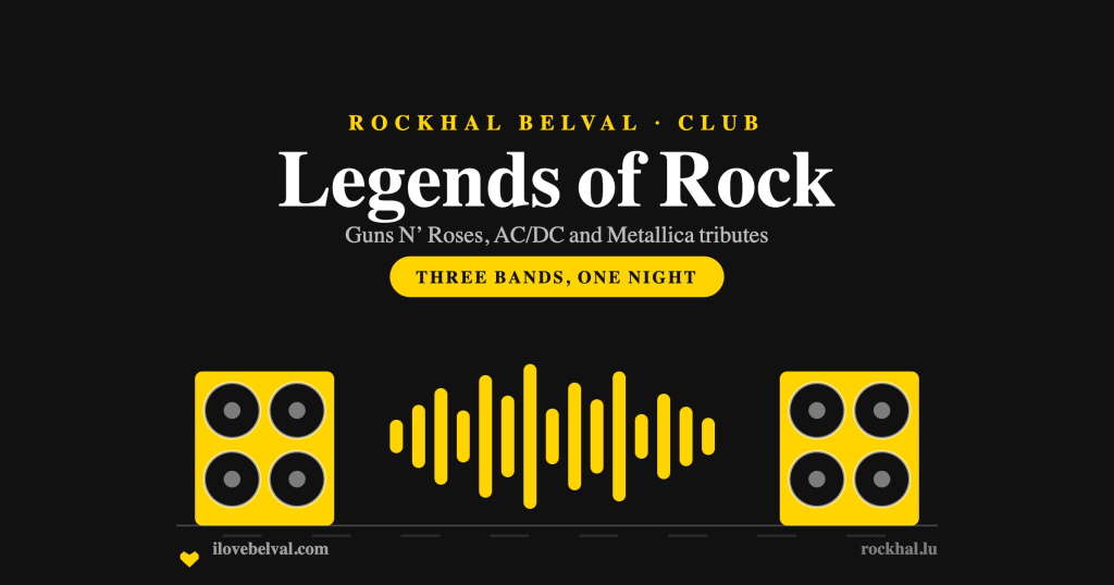Legends of Rock tribute festival at Rockhal Belval: two speaker cabinets and a waveform in the I Love Belval house style