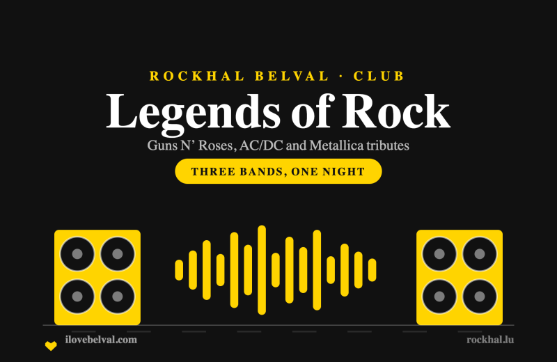 Legends of Rock tribute festival at Rockhal Belval: two speaker cabinets and a waveform in the I Love Belval house style