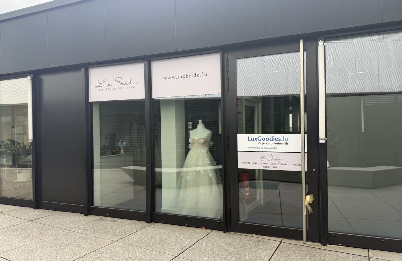 LuxBride bridal boutique entrance on Boulevard du Jazz in Belval